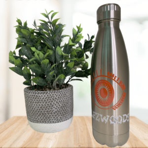 Image of the stainless steel bottle with the orange logo.
