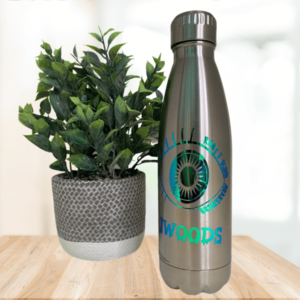 Turquoise logo stainless steel bottle.